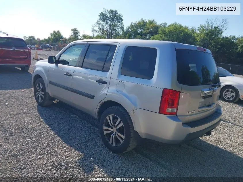 2011 Honda Pilot Lx VIN: 5FNYF4H24BB103229 Lot: 40072426