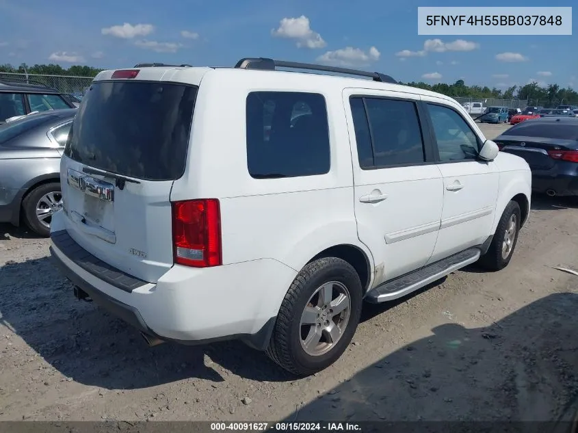 2011 Honda Pilot Ex-L VIN: 5FNYF4H55BB037848 Lot: 40091627