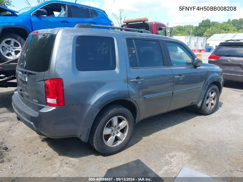 2011 Honda Pilot Ex-L VIN: 5FNYF4H50BB008208 Lot: 40099857