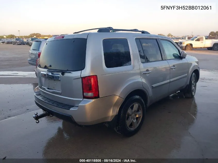 2011 Honda Pilot Ex-L VIN: 5FNYF3H52BB012061 Lot: 40118505