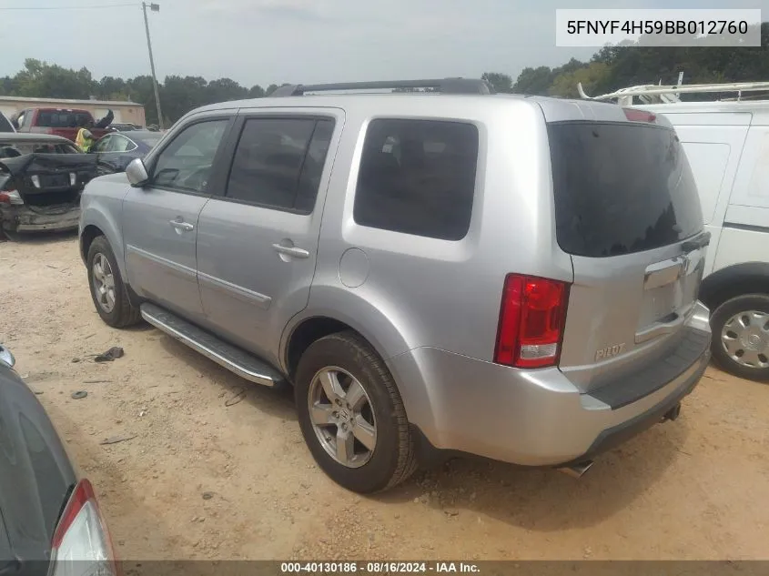 2011 Honda Pilot Ex-L VIN: 5FNYF4H59BB012760 Lot: 40130186