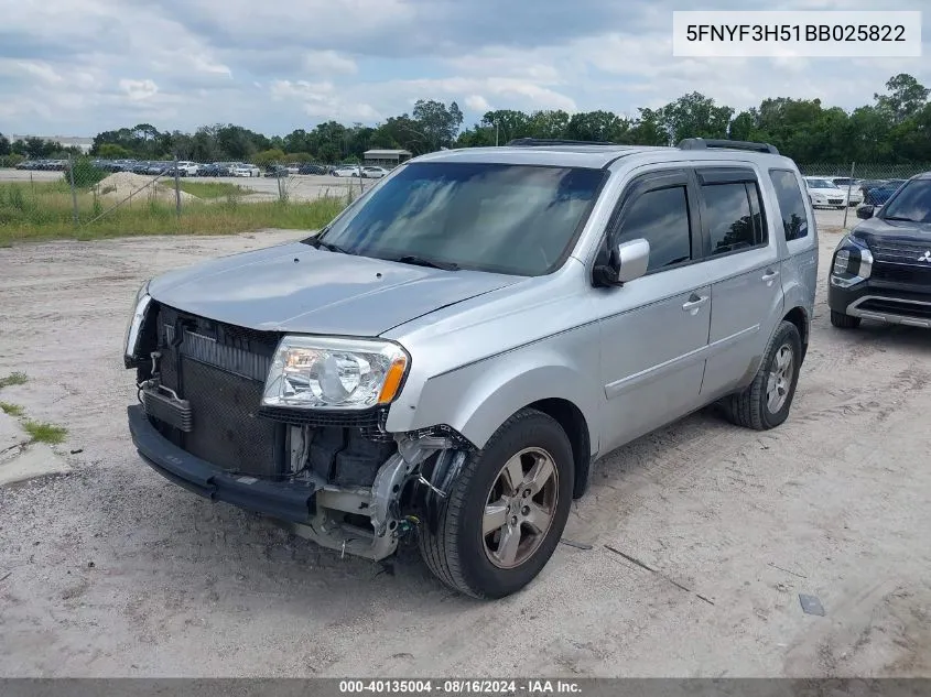 2011 Honda Pilot Ex-L VIN: 5FNYF3H51BB025822 Lot: 40135004