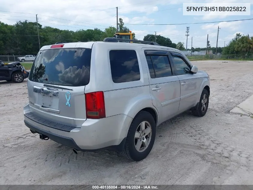 2011 Honda Pilot Ex-L VIN: 5FNYF3H51BB025822 Lot: 40135004