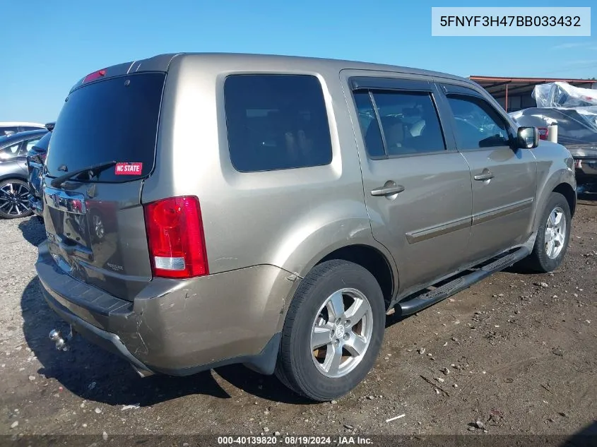 2011 Honda Pilot Ex VIN: 5FNYF3H47BB033432 Lot: 40139820