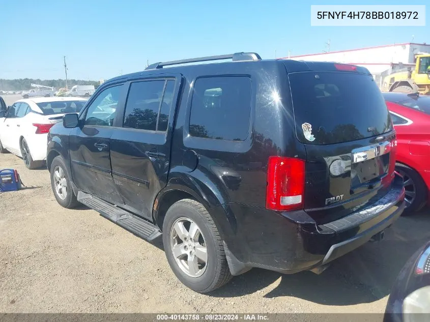 2011 Honda Pilot Ex-L VIN: 5FNYF4H78BB018972 Lot: 40143758