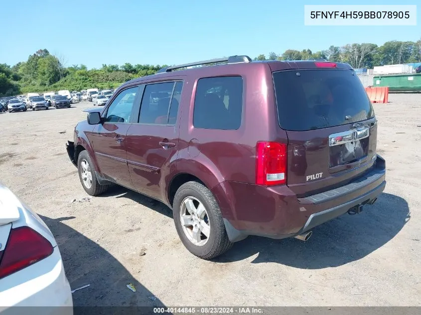 2011 Honda Pilot Ex-L VIN: 5FNYF4H59BB078905 Lot: 40144845