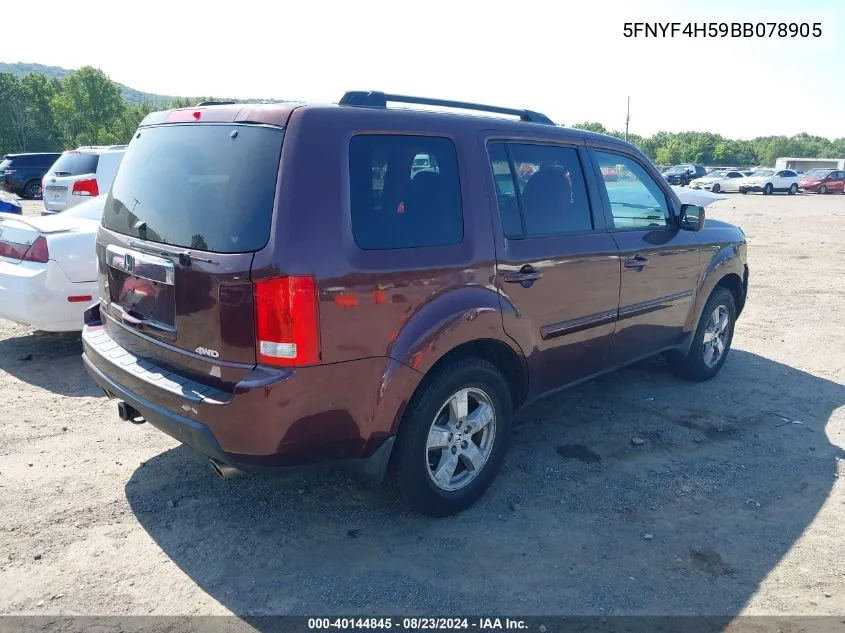 2011 Honda Pilot Ex-L VIN: 5FNYF4H59BB078905 Lot: 40144845