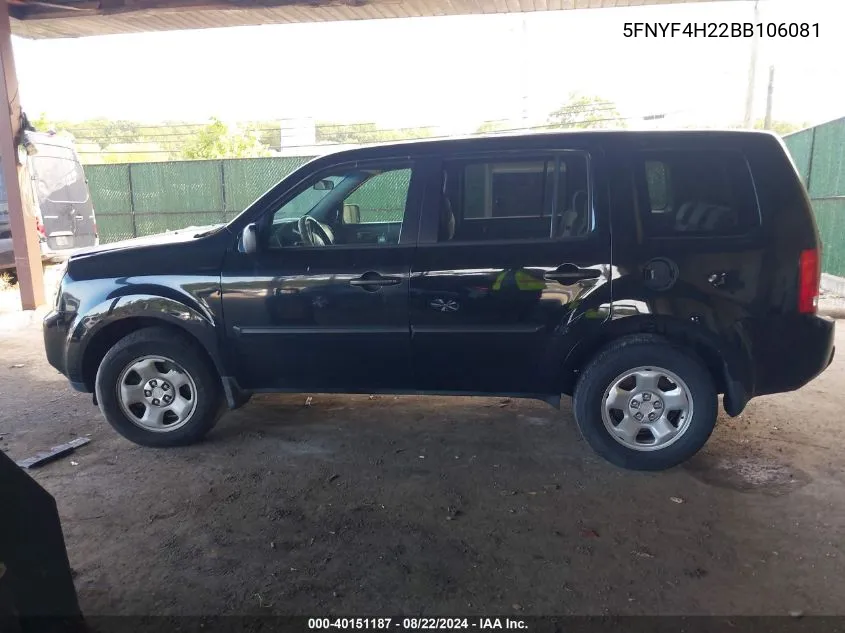 2011 Honda Pilot Lx VIN: 5FNYF4H22BB106081 Lot: 40151187