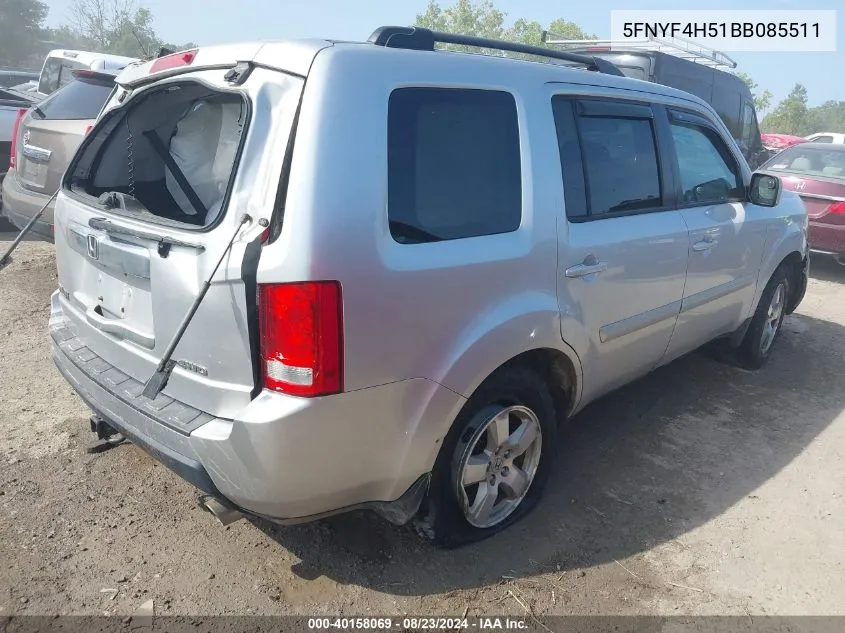 2011 Honda Pilot Ex-L VIN: 5FNYF4H51BB085511 Lot: 40158069