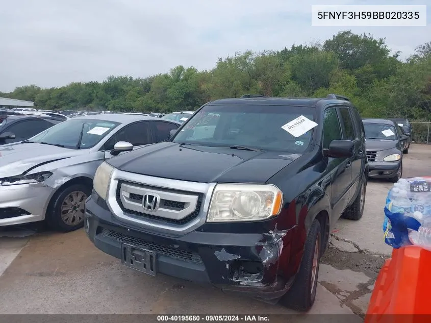 2011 Honda Pilot Ex-L VIN: 5FNYF3H59BB020335 Lot: 40195680