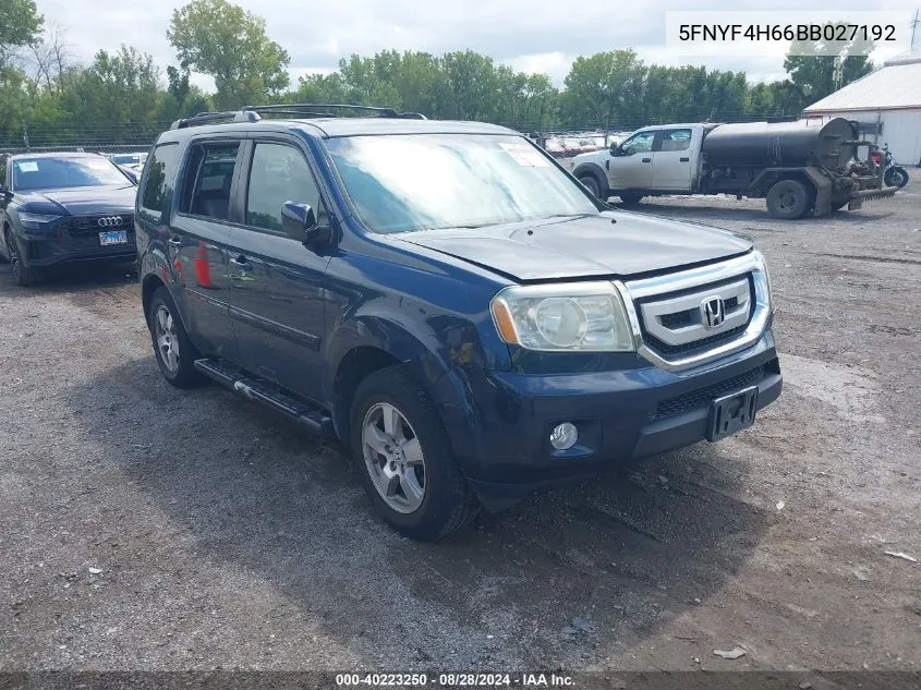 2011 Honda Pilot Ex-L VIN: 5FNYF4H66BB027192 Lot: 40223250