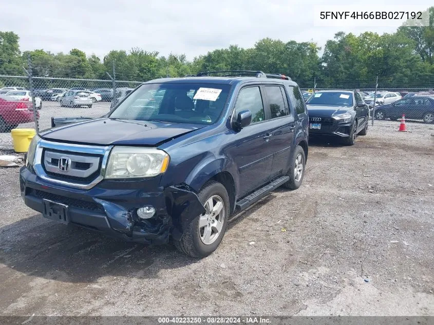 2011 Honda Pilot Ex-L VIN: 5FNYF4H66BB027192 Lot: 40223250