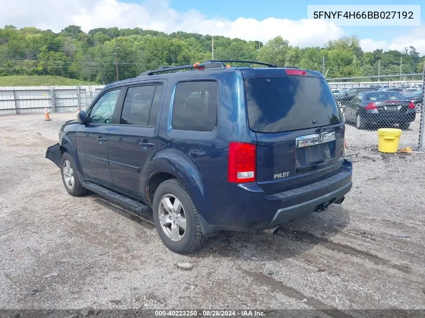 2011 Honda Pilot Ex-L VIN: 5FNYF4H66BB027192 Lot: 40223250