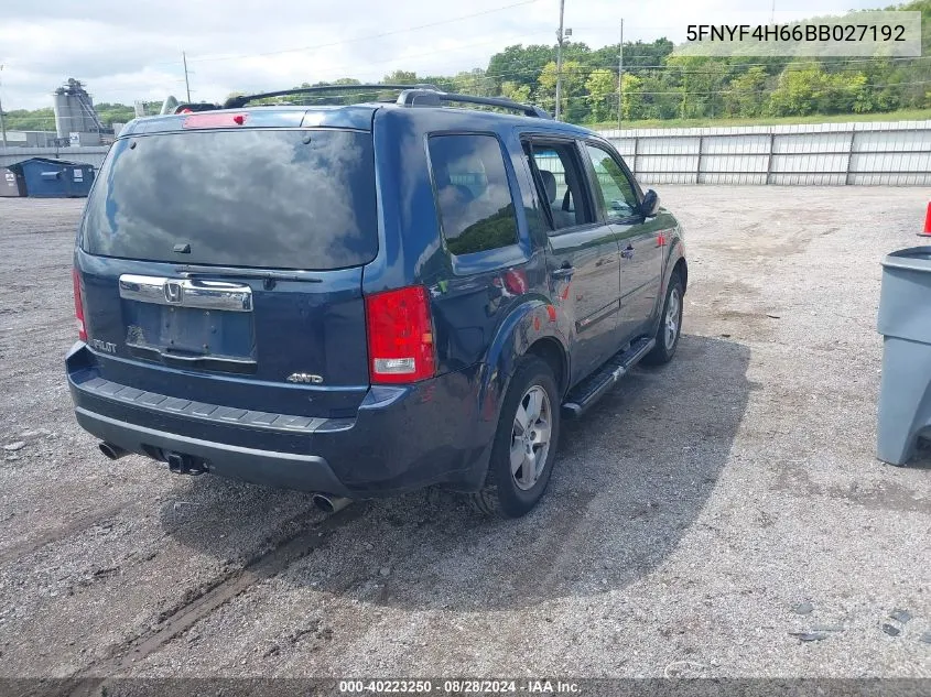 2011 Honda Pilot Ex-L VIN: 5FNYF4H66BB027192 Lot: 40223250