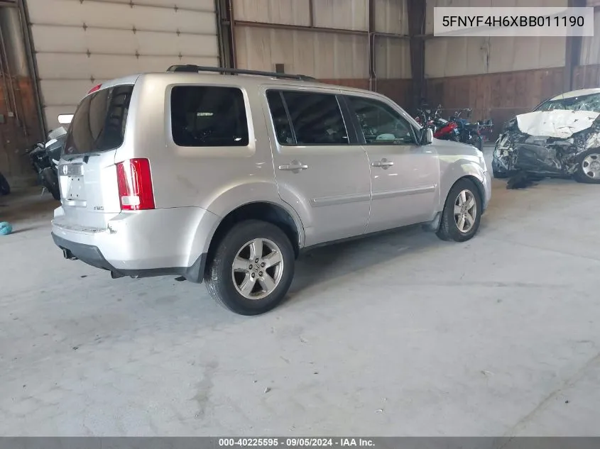 2011 Honda Pilot Ex-L VIN: 5FNYF4H6XBB011190 Lot: 40225595