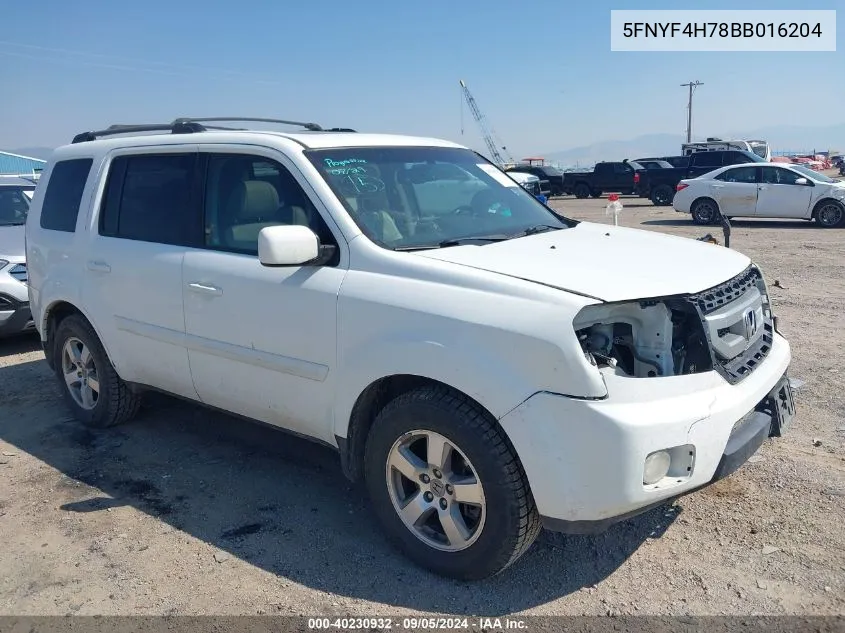 2011 Honda Pilot Ex-L VIN: 5FNYF4H78BB016204 Lot: 40230932