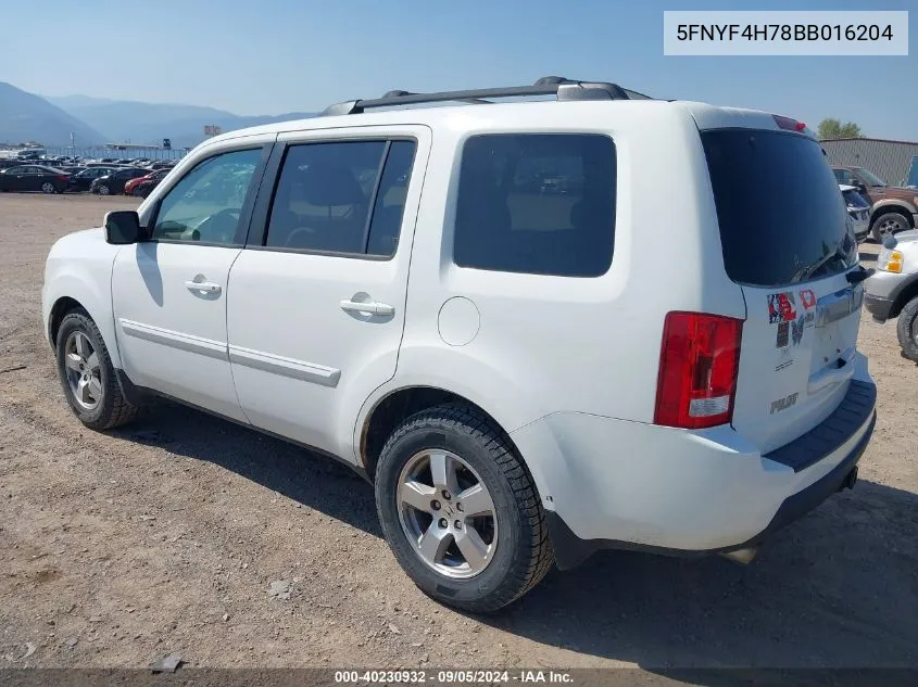 2011 Honda Pilot Ex-L VIN: 5FNYF4H78BB016204 Lot: 40230932