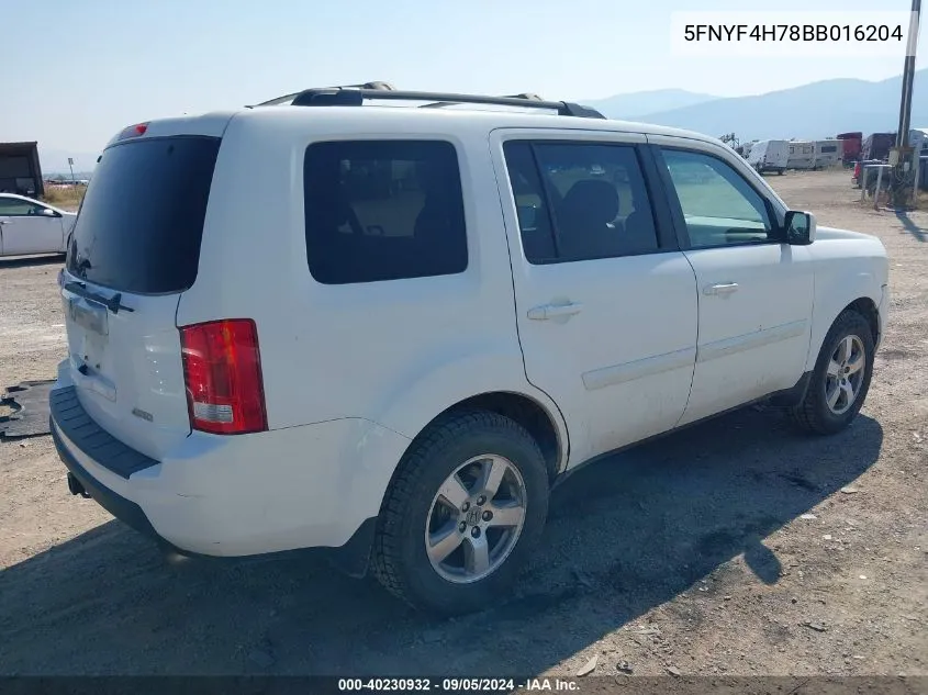 2011 Honda Pilot Ex-L VIN: 5FNYF4H78BB016204 Lot: 40230932