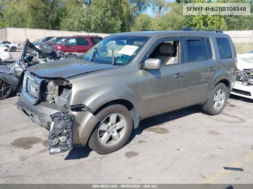 2011 Honda Pilot Ex-L VIN: 5FNYF4H62BB104348 Lot: 40281402