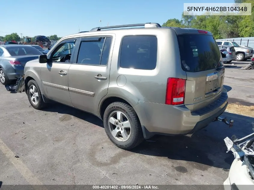 2011 Honda Pilot Ex-L VIN: 5FNYF4H62BB104348 Lot: 40281402