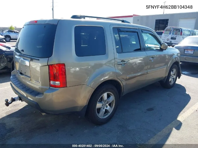 2011 Honda Pilot Ex-L VIN: 5FNYF4H62BB104348 Lot: 40281402