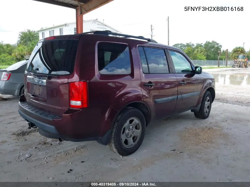 5FNYF3H2XBB016168 2011 Honda Pilot Lx