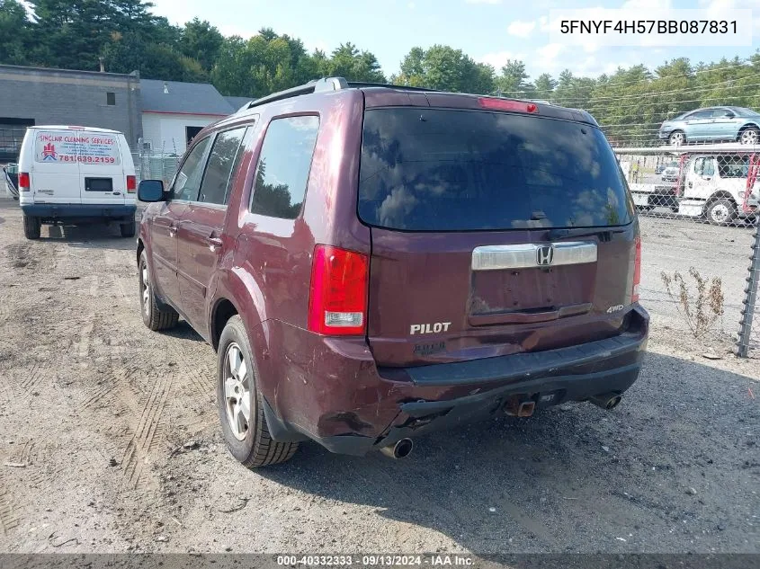 2011 Honda Pilot Ex-L VIN: 5FNYF4H57BB087831 Lot: 40332333