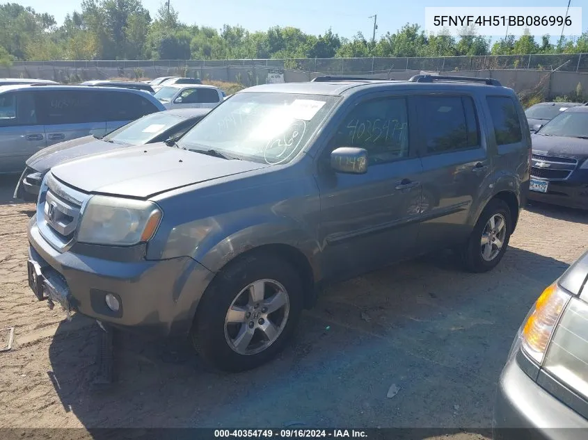 2011 Honda Pilot Ex-L VIN: 5FNYF4H51BB086996 Lot: 40354749