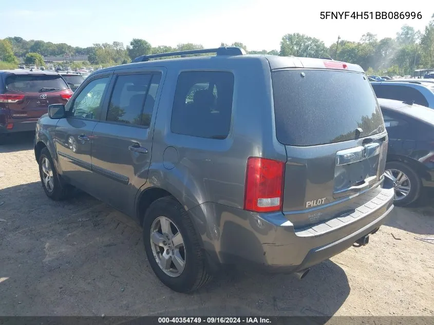 2011 Honda Pilot Ex-L VIN: 5FNYF4H51BB086996 Lot: 40354749