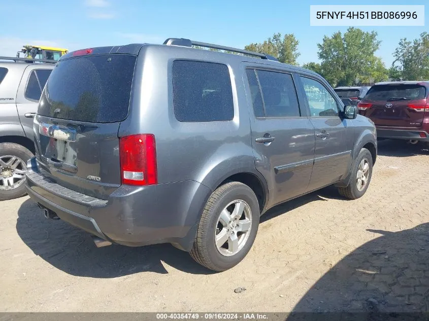 2011 Honda Pilot Ex-L VIN: 5FNYF4H51BB086996 Lot: 40354749