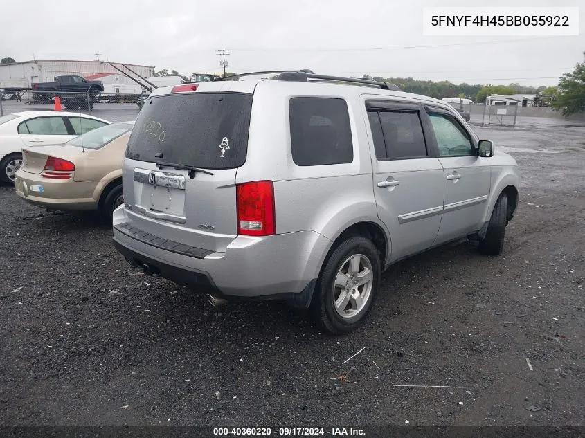 2011 Honda Pilot Ex VIN: 5FNYF4H45BB055922 Lot: 40360220