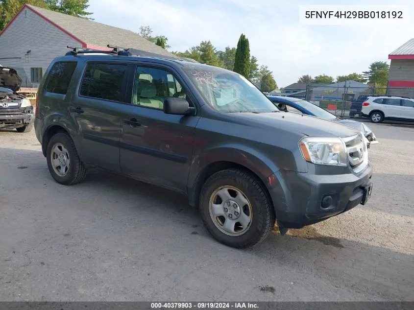 2011 Honda Pilot Lx VIN: 5FNYF4H29BB018192 Lot: 40379903