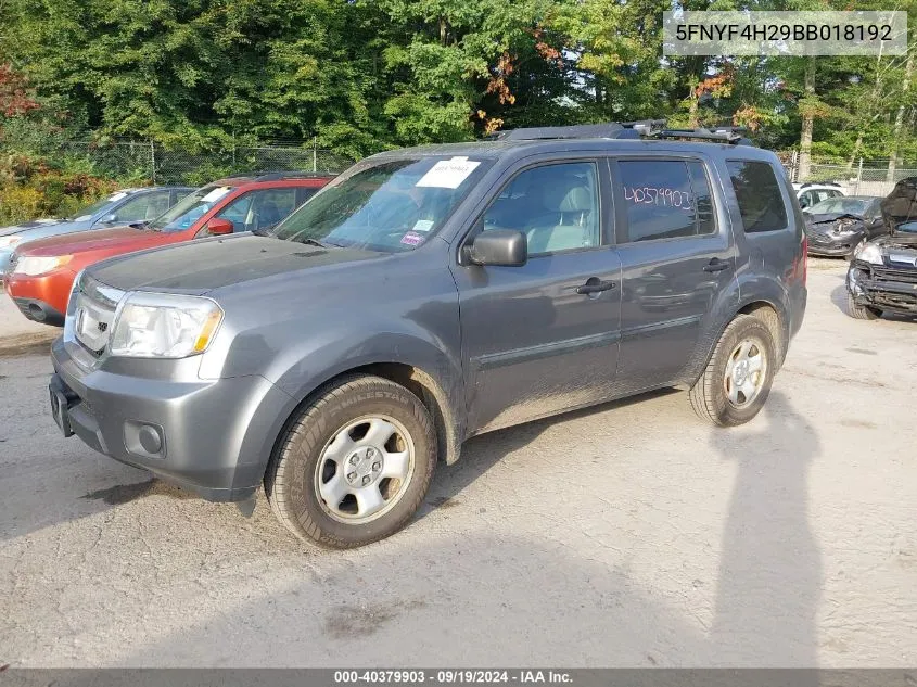 2011 Honda Pilot Lx VIN: 5FNYF4H29BB018192 Lot: 40379903