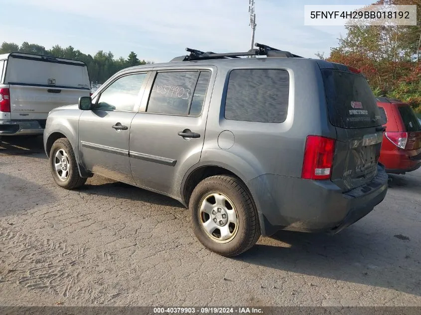 2011 Honda Pilot Lx VIN: 5FNYF4H29BB018192 Lot: 40379903