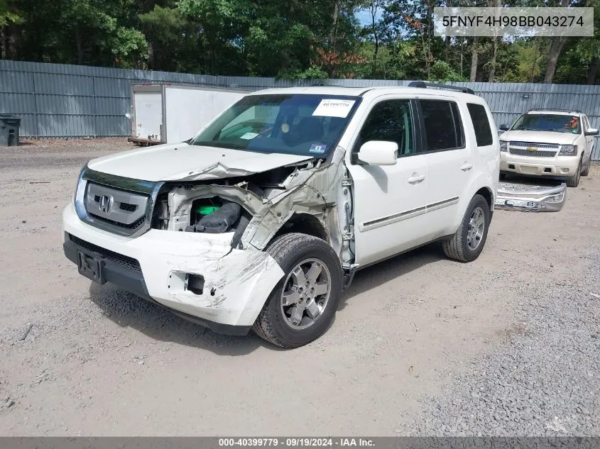 2011 Honda Pilot Touring VIN: 5FNYF4H98BB043274 Lot: 40399779