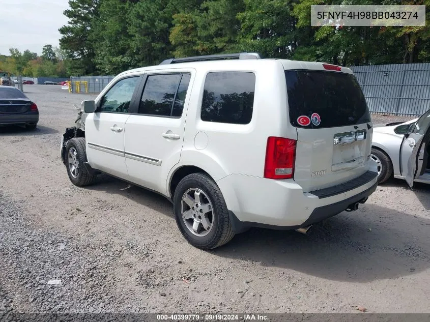 2011 Honda Pilot Touring VIN: 5FNYF4H98BB043274 Lot: 40399779