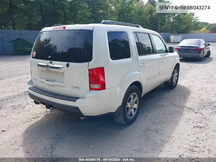 2011 Honda Pilot Touring VIN: 5FNYF4H98BB043274 Lot: 40399779