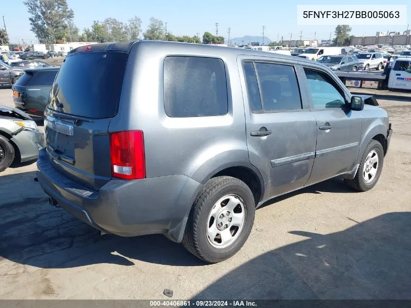 2011 Honda Pilot Lx VIN: 5FNYF3H27BB005063 Lot: 40406861