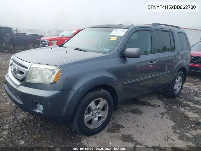 2011 Honda Pilot Ex-L VIN: 5FNYF4H5XBB062700 Lot: 40410409