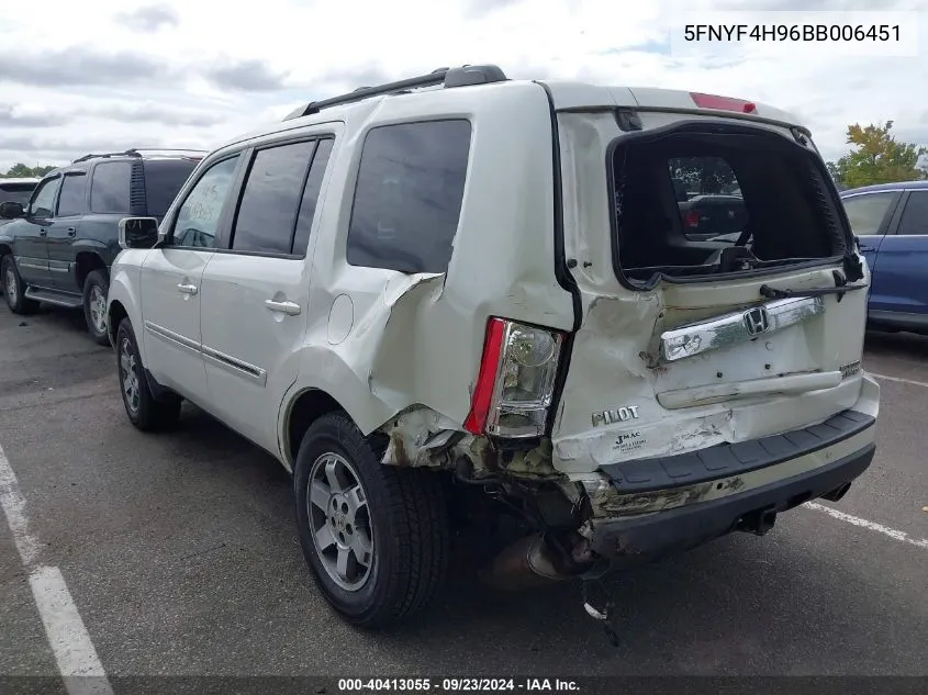 2011 Honda Pilot Touring VIN: 5FNYF4H96BB006451 Lot: 40413055