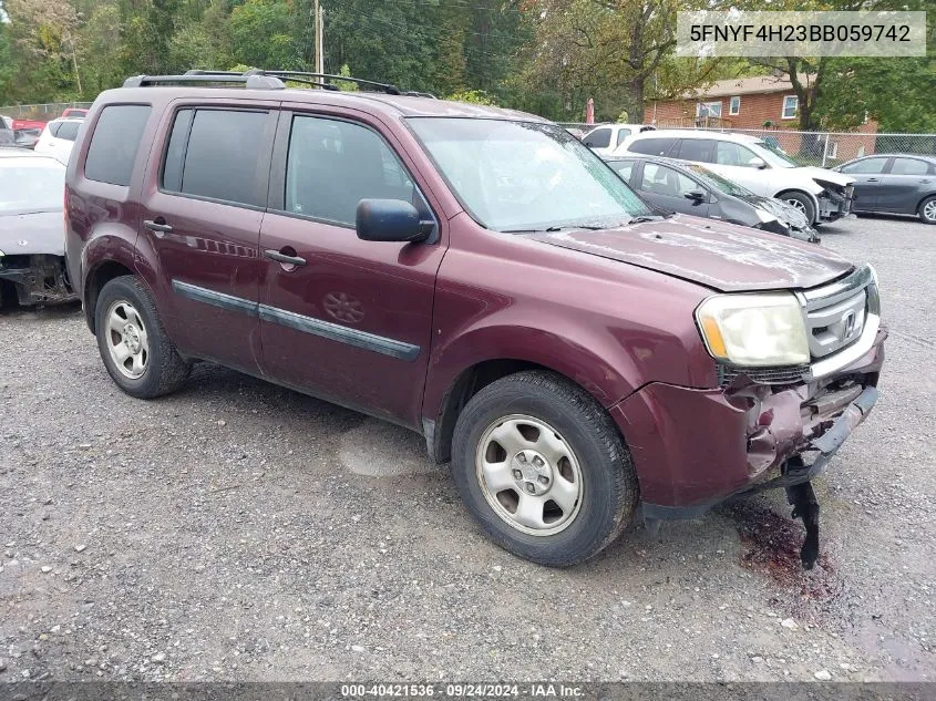 2011 Honda Pilot Lx VIN: 5FNYF4H23BB059742 Lot: 40421536