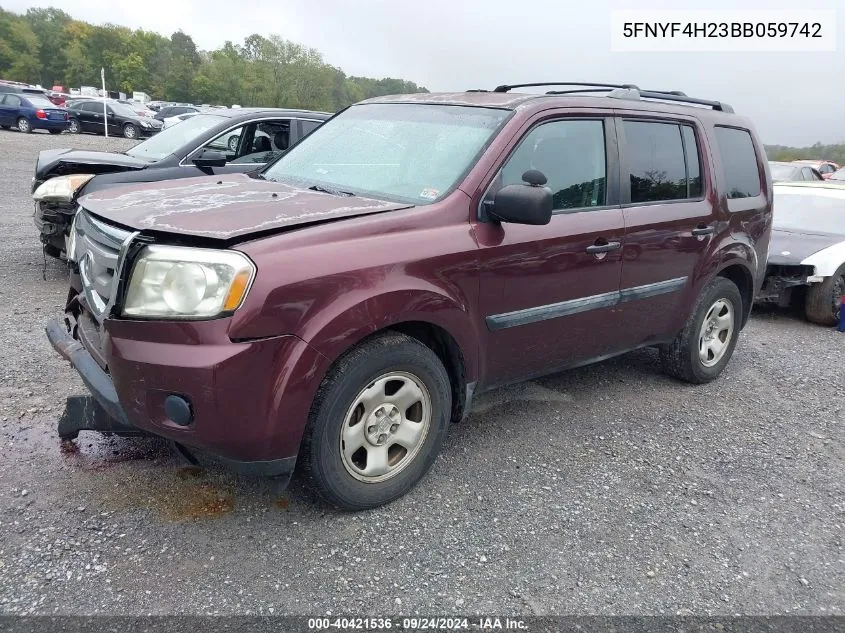 2011 Honda Pilot Lx VIN: 5FNYF4H23BB059742 Lot: 40421536