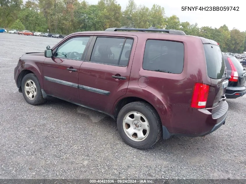 2011 Honda Pilot Lx VIN: 5FNYF4H23BB059742 Lot: 40421536