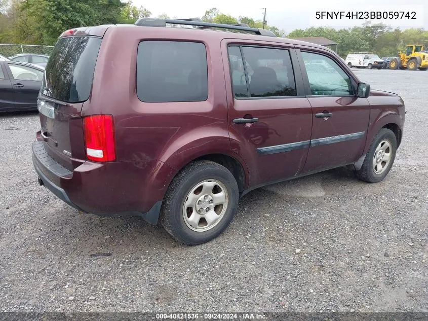 5FNYF4H23BB059742 2011 Honda Pilot Lx