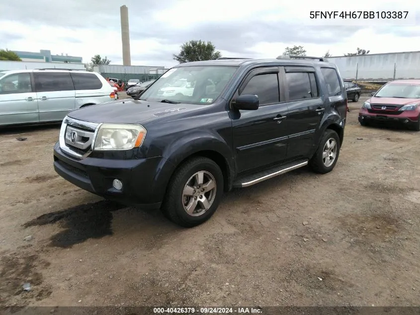 2011 Honda Pilot Ex-L VIN: 5FNYF4H67BB103387 Lot: 40426379