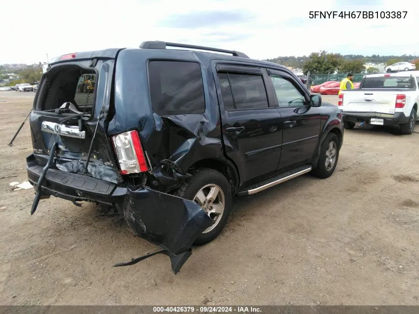 2011 Honda Pilot Ex-L VIN: 5FNYF4H67BB103387 Lot: 40426379