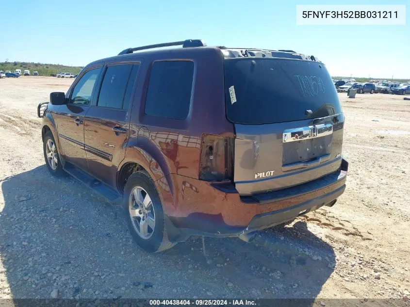 2011 Honda Pilot Ex-L VIN: 5FNYF3H52BB031211 Lot: 40438404