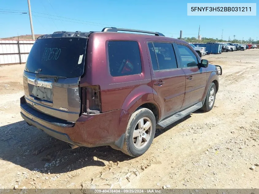 2011 Honda Pilot Ex-L VIN: 5FNYF3H52BB031211 Lot: 40438404