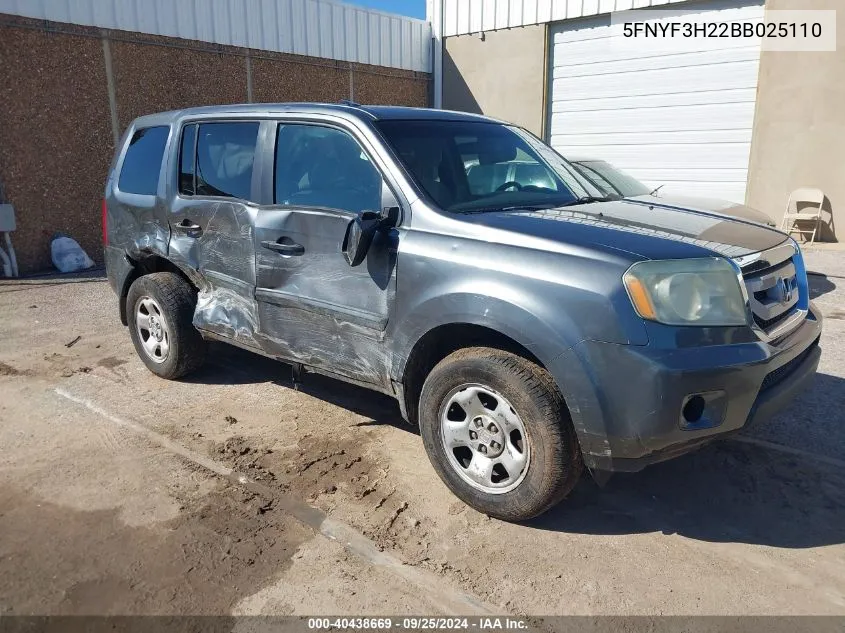 2011 Honda Pilot Lx VIN: 5FNYF3H22BB025110 Lot: 40438669