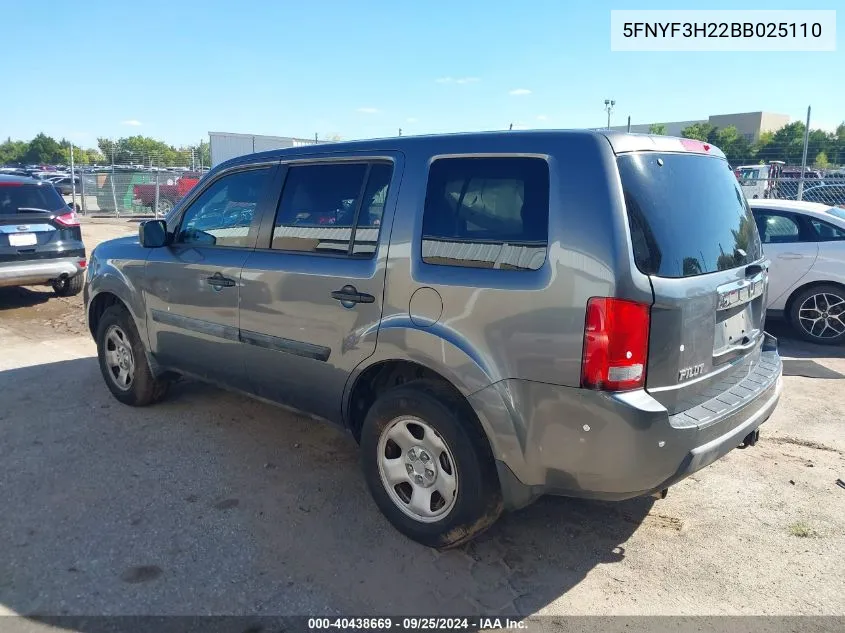 2011 Honda Pilot Lx VIN: 5FNYF3H22BB025110 Lot: 40438669